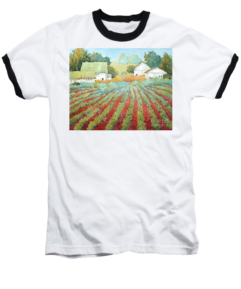 Farm Baseball T-Shirt featuring the painting White Barns in Virgina by Joyce Hicks