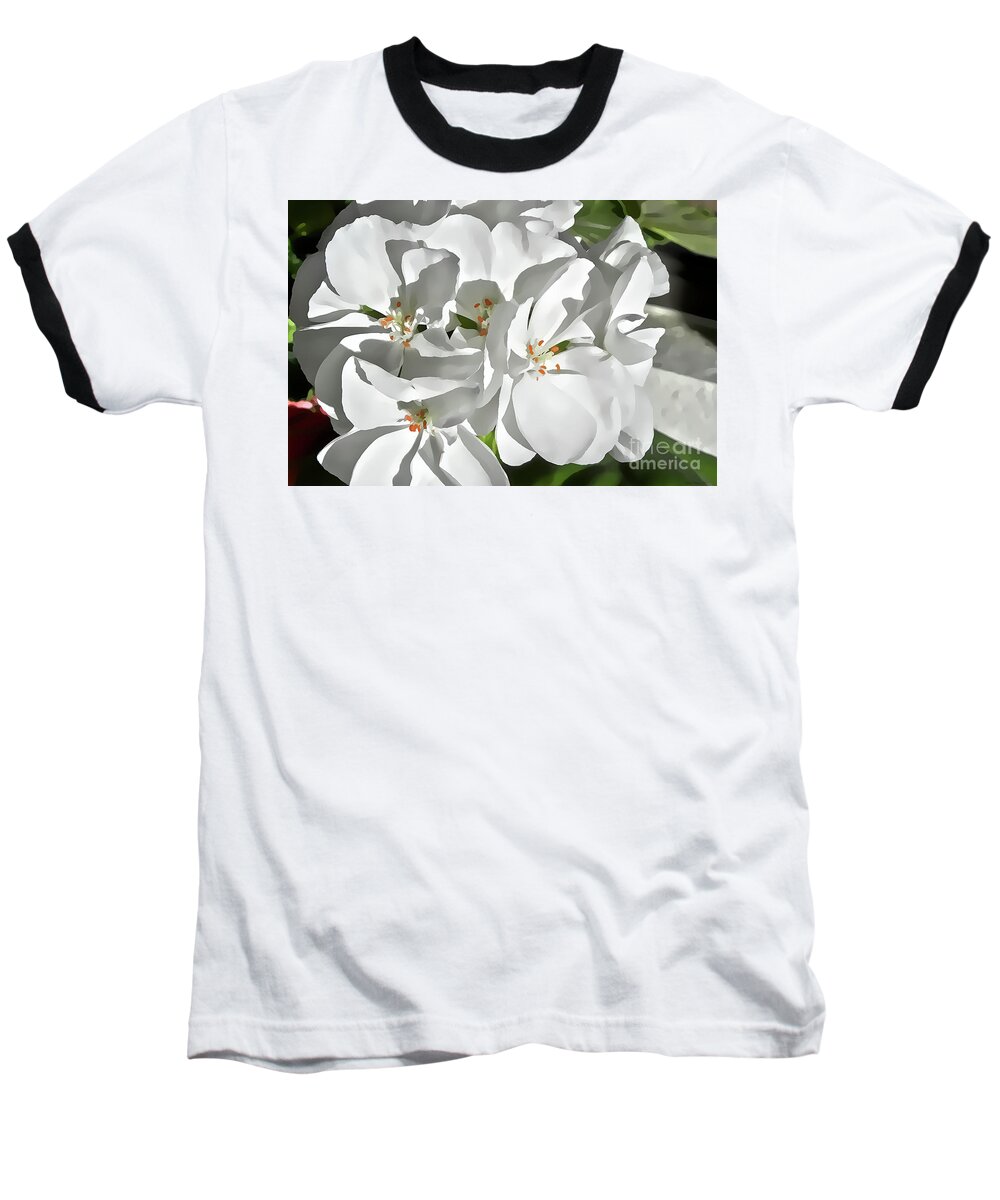 White Baseball T-Shirt featuring the mixed media White Geraniums by Charles Muhle