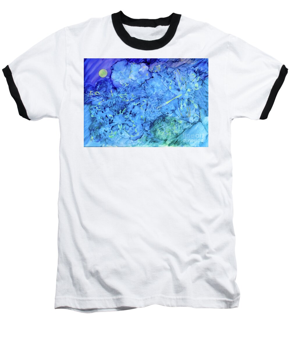 Dragonfly Baseball T-Shirt featuring the painting Winged Chaos Under the Moon by Kerri Farley