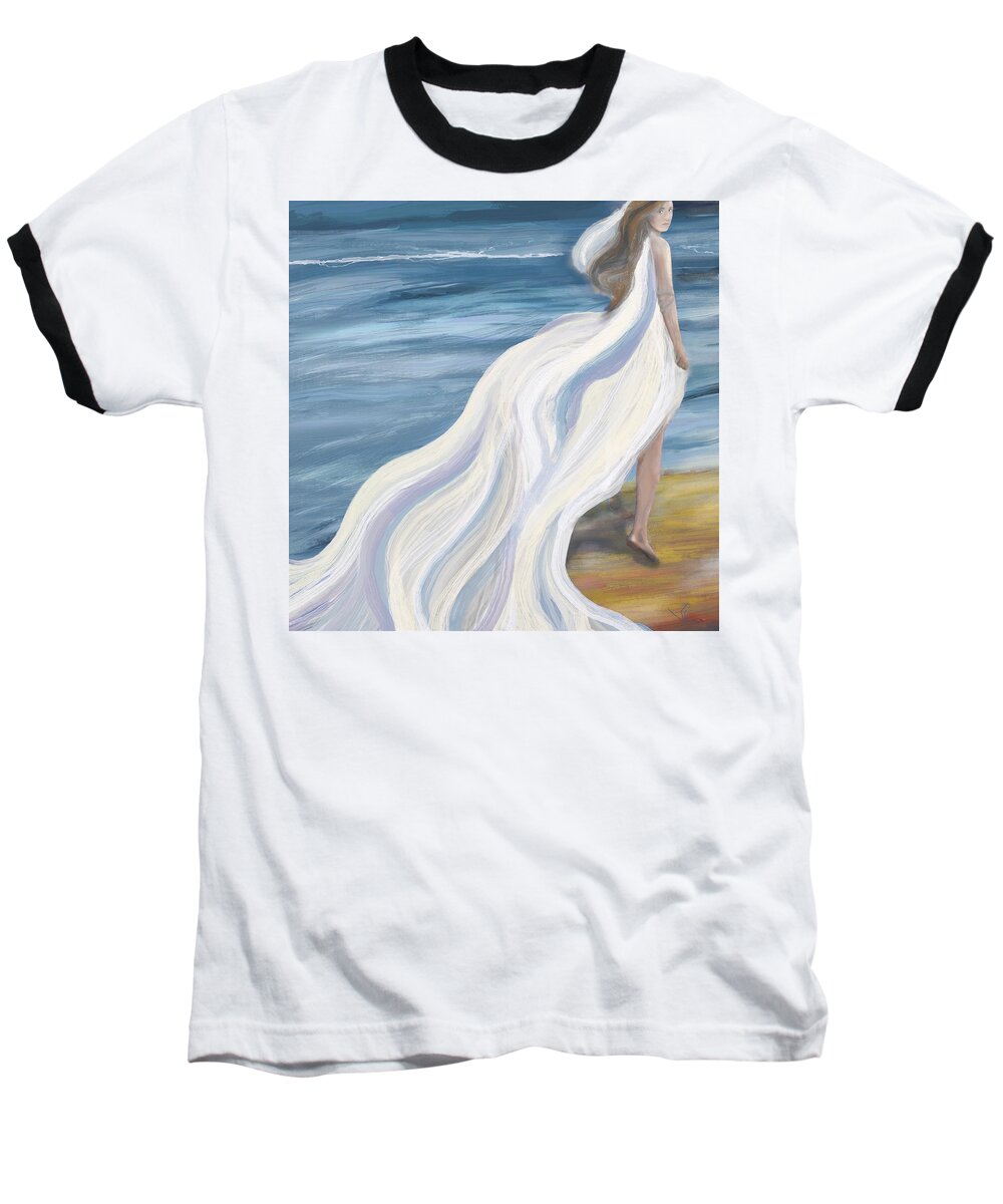 Victor Shelley Baseball T-Shirt featuring the painting Woman Strolling on the Beach by Victor Shelley