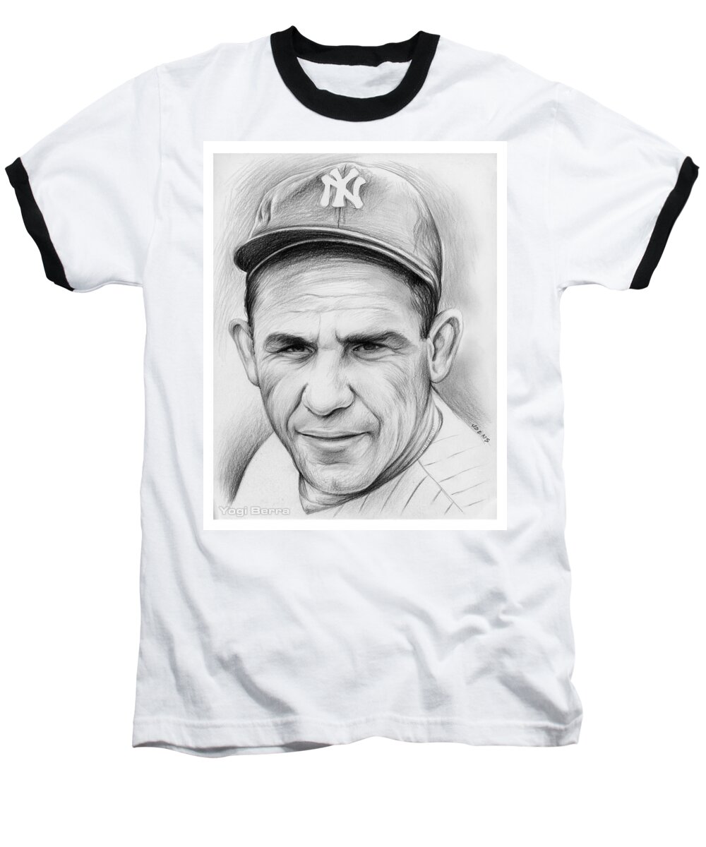 Yogi Berra Baseball T-Shirt featuring the drawing Yogi Berra by Greg Joens