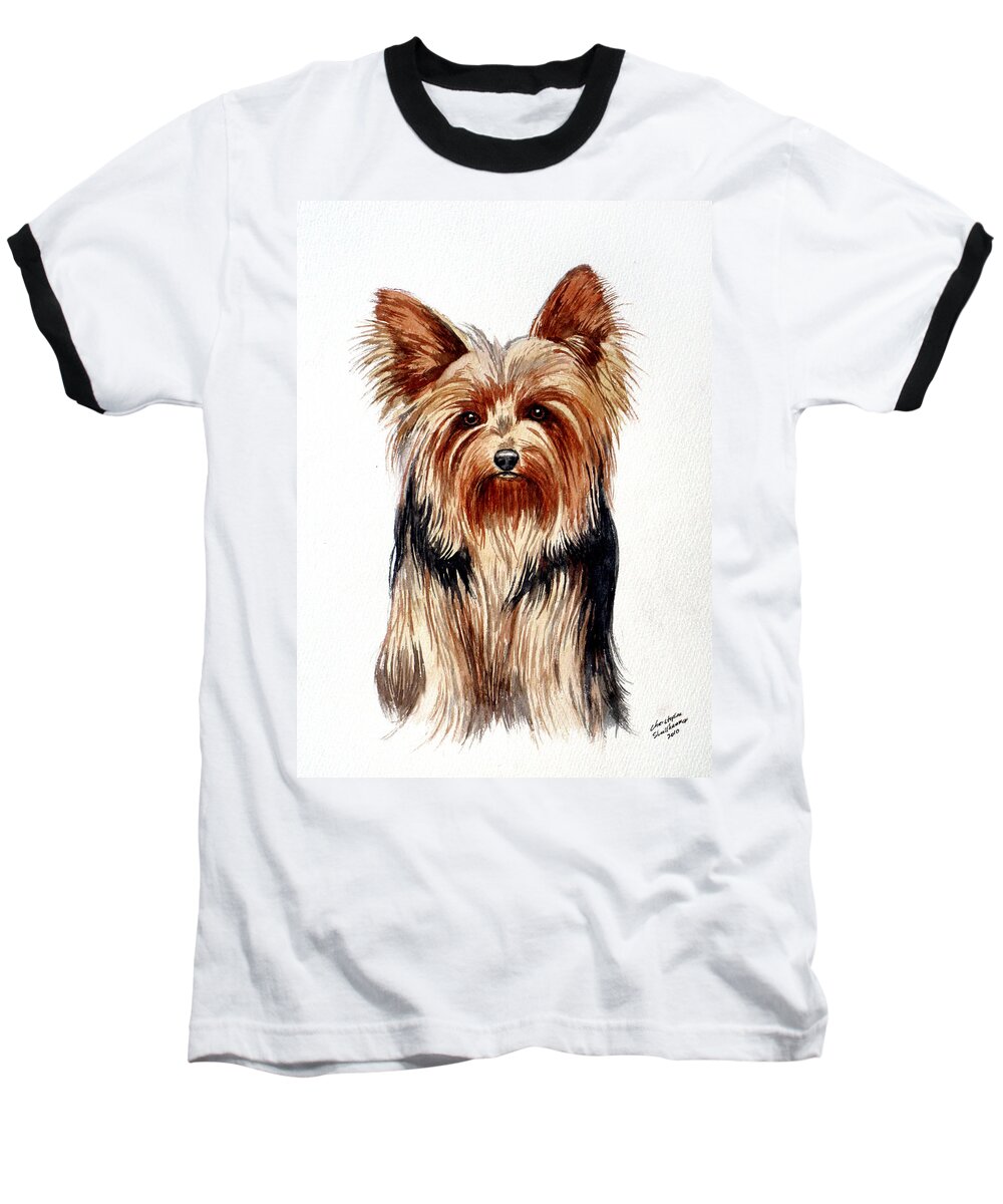 Yorkie Baseball T-Shirt featuring the painting Yorkie by Christopher Shellhammer