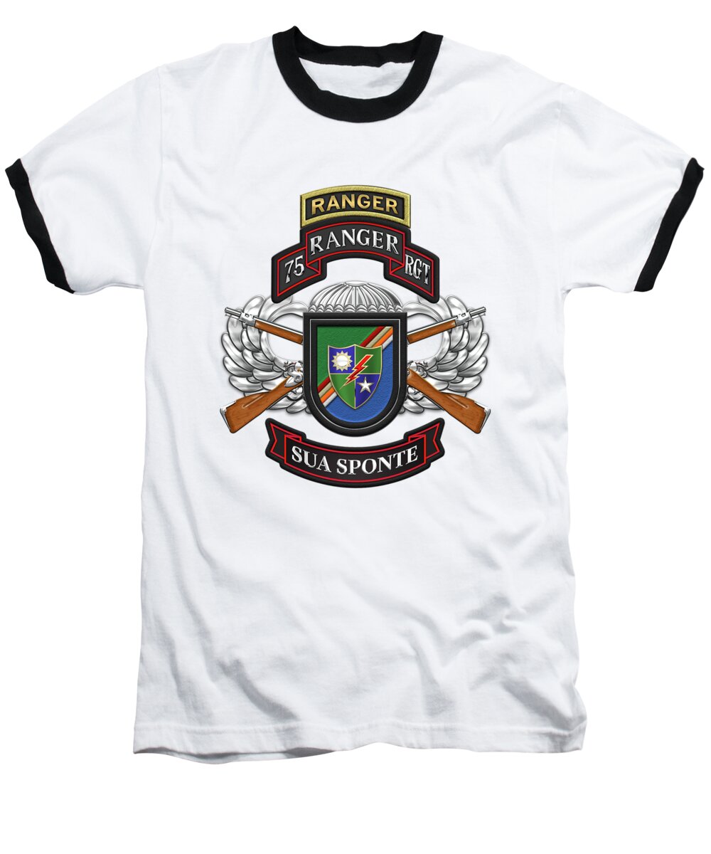  Military Insignia & Heraldry By Serge Averbukh Baseball T-Shirt featuring the digital art 75th Ranger Regiment - Army Rangers Special Edition over White Leather by Serge Averbukh
