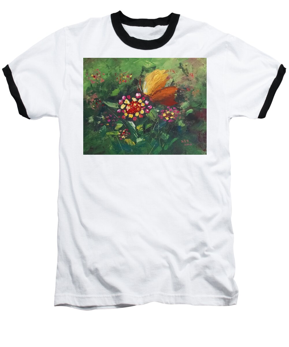 Butterfly Baseball T-Shirt featuring the painting A butterfly on Lantana by Helian Cornwell