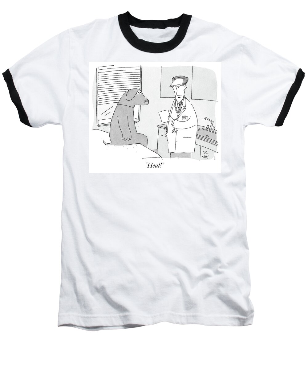 Doctor's Office Baseball T-Shirt featuring the drawing A Doctor Speaks To A Man In A Dog Costume Who by Peter C Vey