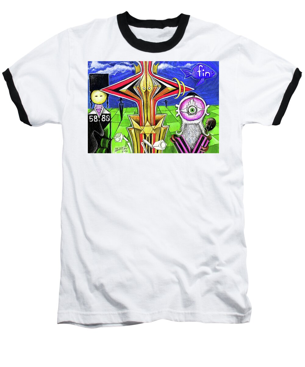 Surreal Baseball T-Shirt featuring the painting Bacto Reacto by Yom Tov Blumenthal