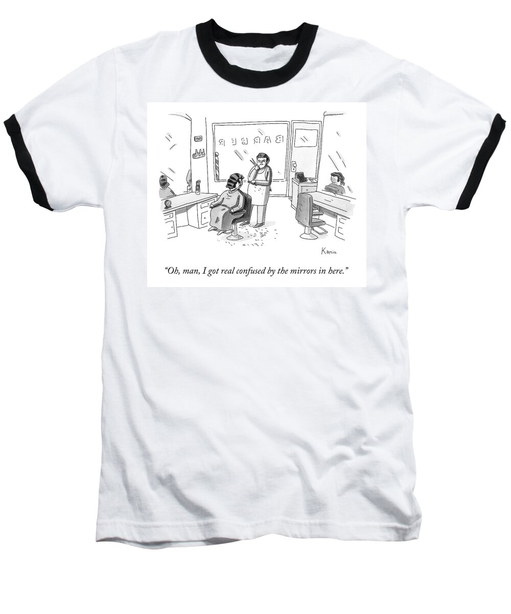 oh Man Baseball T-Shirt featuring the drawing Barbershop Confusion by Zachary Kanin