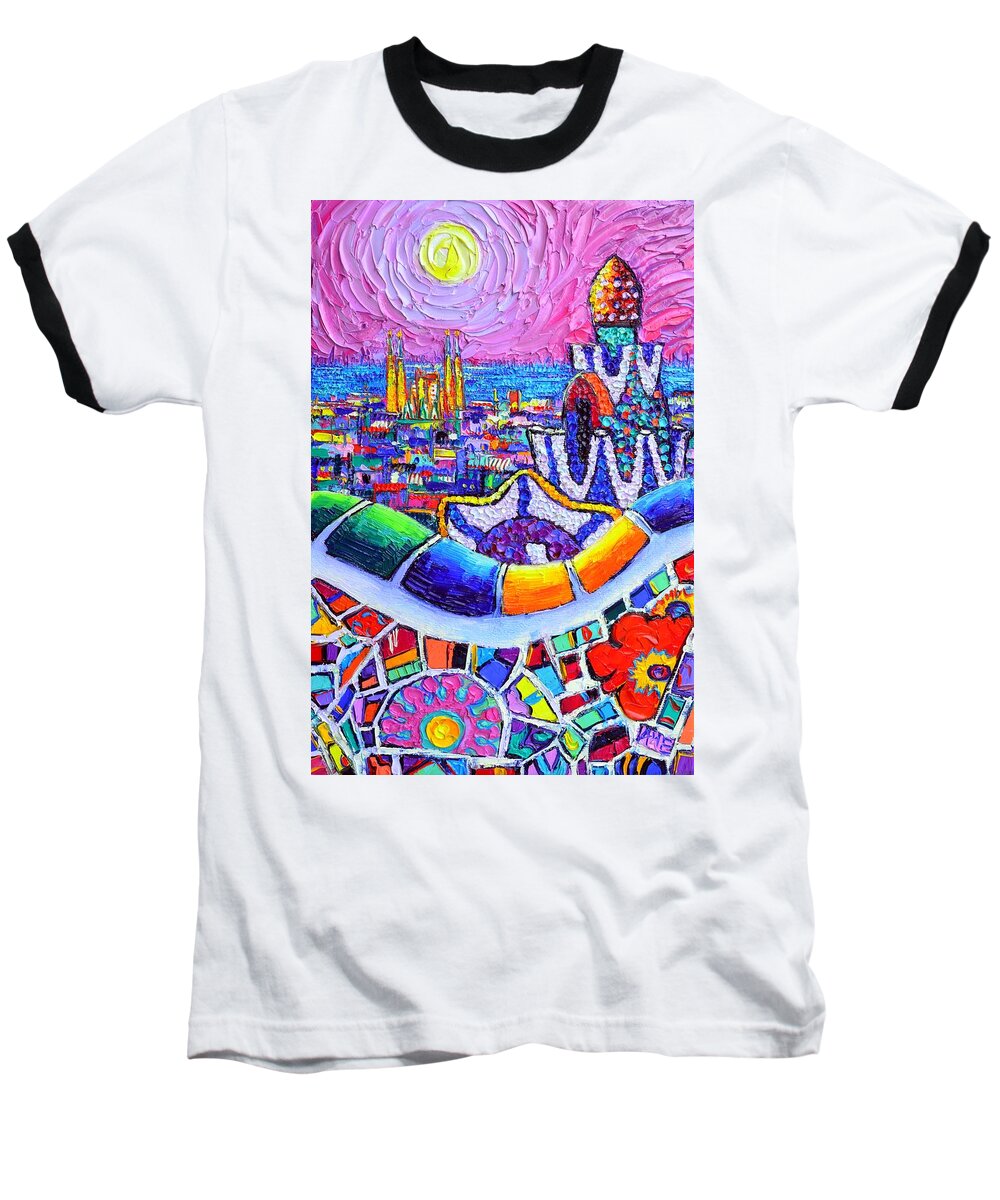 Barcelona Baseball T-Shirt featuring the painting BARCELONA PARK GUELL COLORFUL NIGHT textural impasto knife oil painting abstract Ana Maria Edulescu by Ana Maria Edulescu