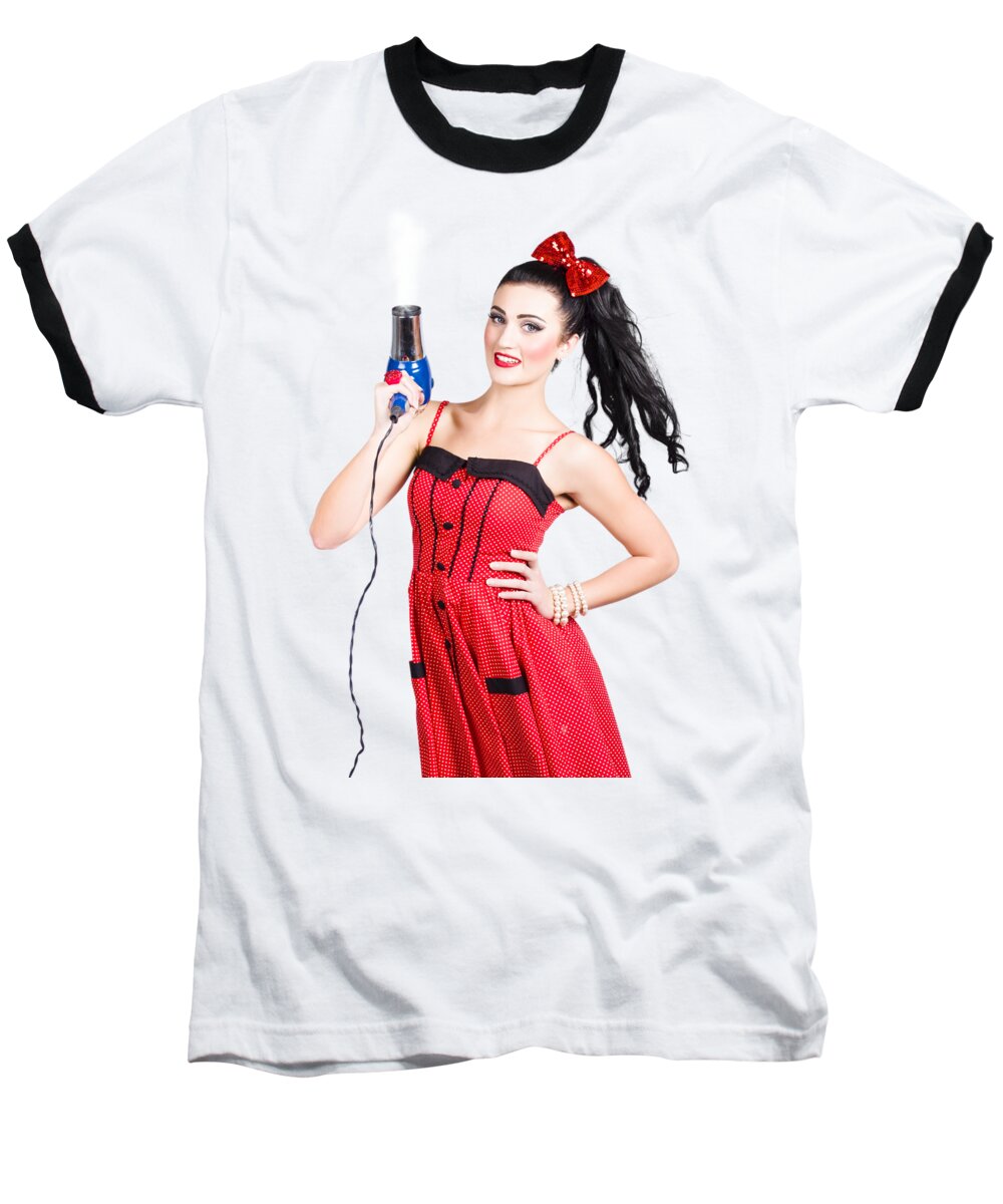 Salon Baseball T-Shirt featuring the photograph Beauty style portrait of a elegant hairdryer woman by Jorgo Photography