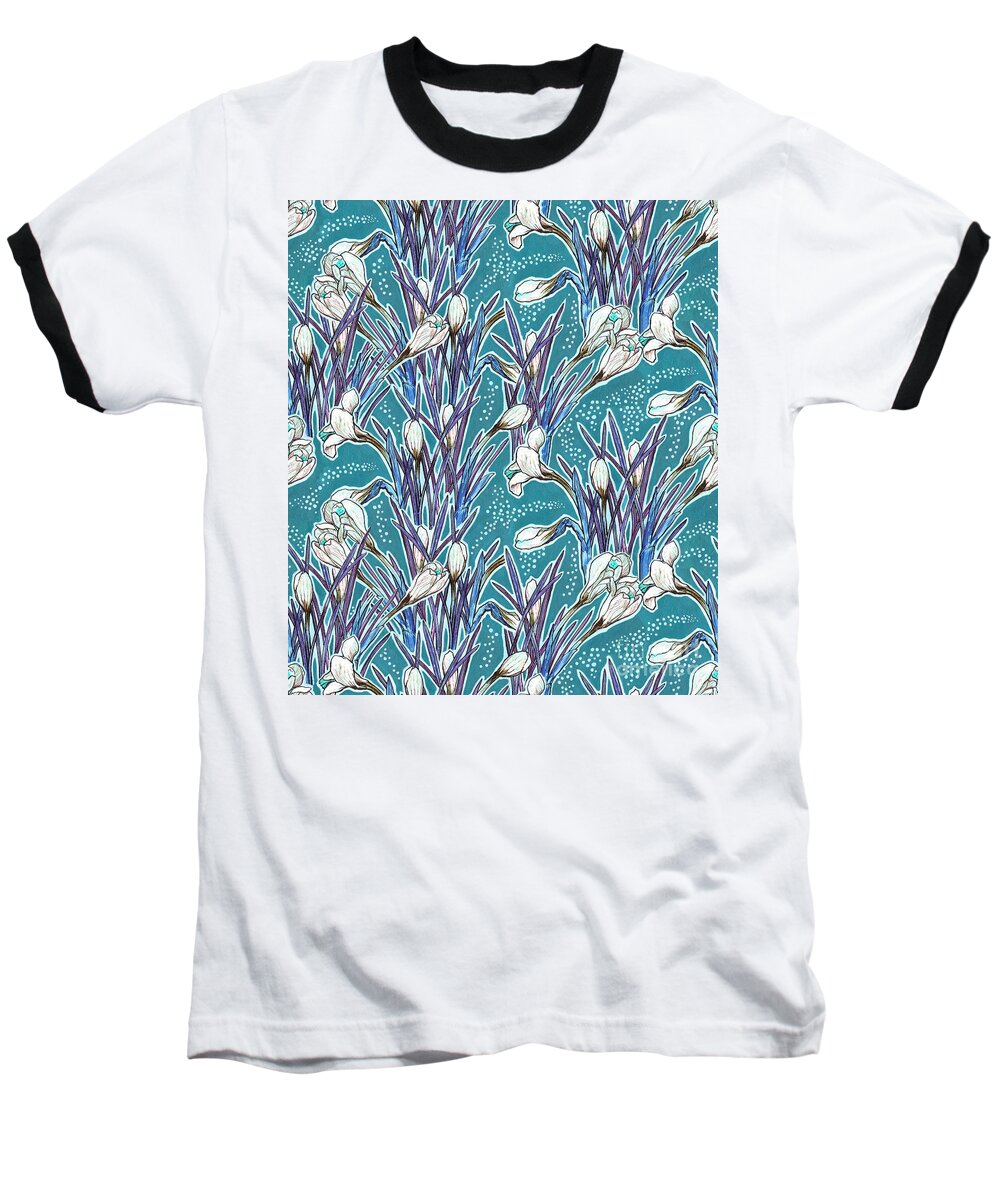 Floral Baseball T-Shirt featuring the mixed media Crocuses pattern, turquoise and white by Julia Khoroshikh