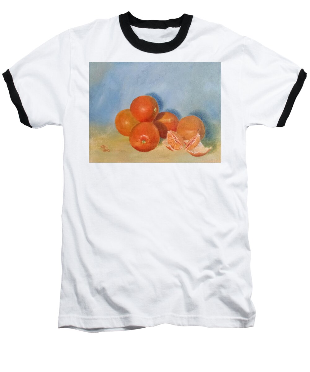 Orange Baseball T-Shirt featuring the painting Five Oranges and a Half Cutie by Helian Cornwell