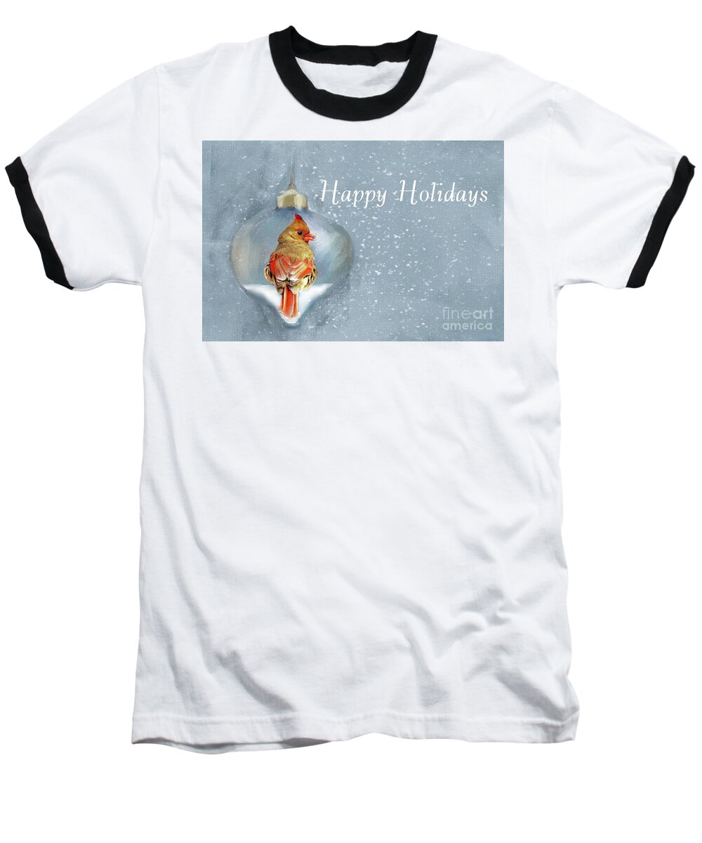 Female Northern Cardinal Baseball T-Shirt featuring the photograph Happy Holidays from Our House to Your House by Janette Boyd