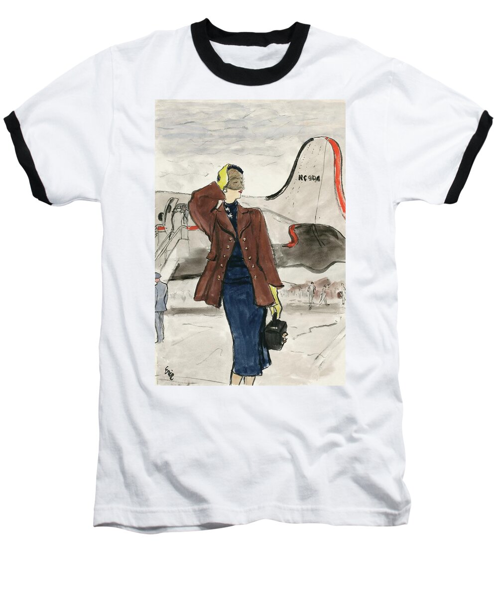 #new2022vogue Baseball T-Shirt featuring the painting Illustration Of A Model On An Airport Tarmac by Carl Oscar August Erickson