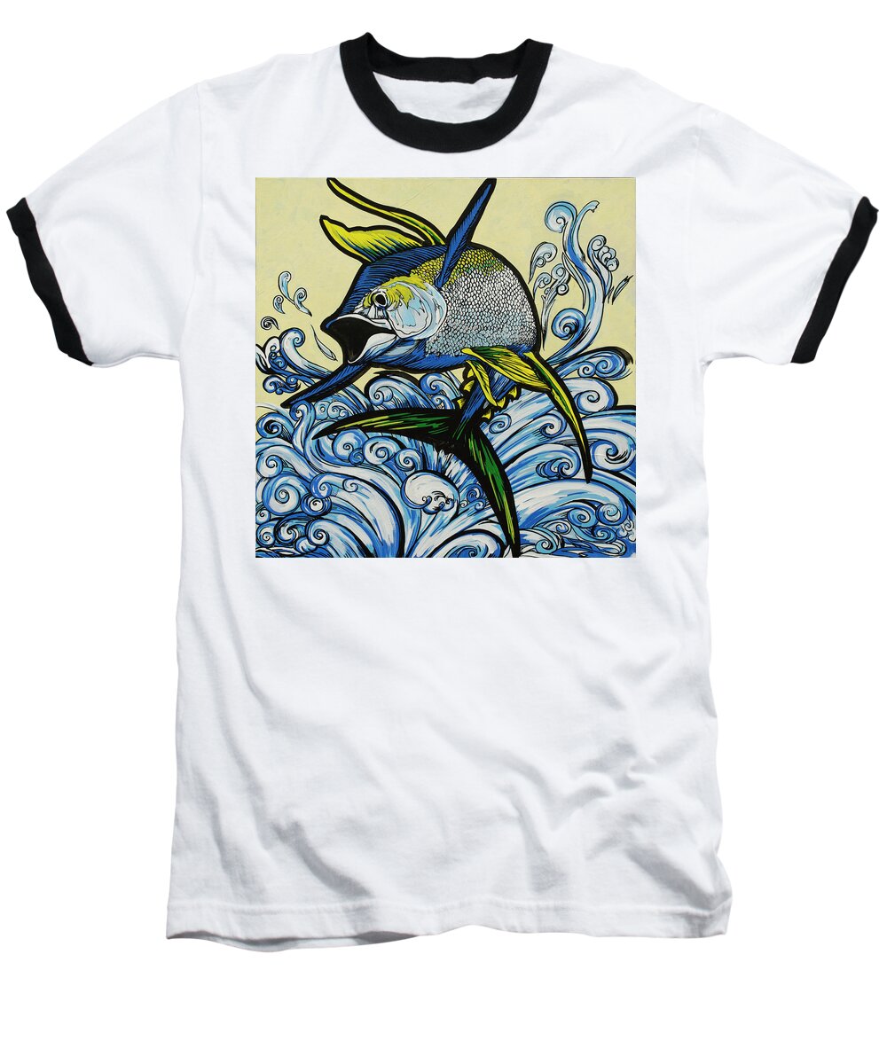 Yellowfin Baseball T-Shirt featuring the painting Jumping Tuna by John Gibbs