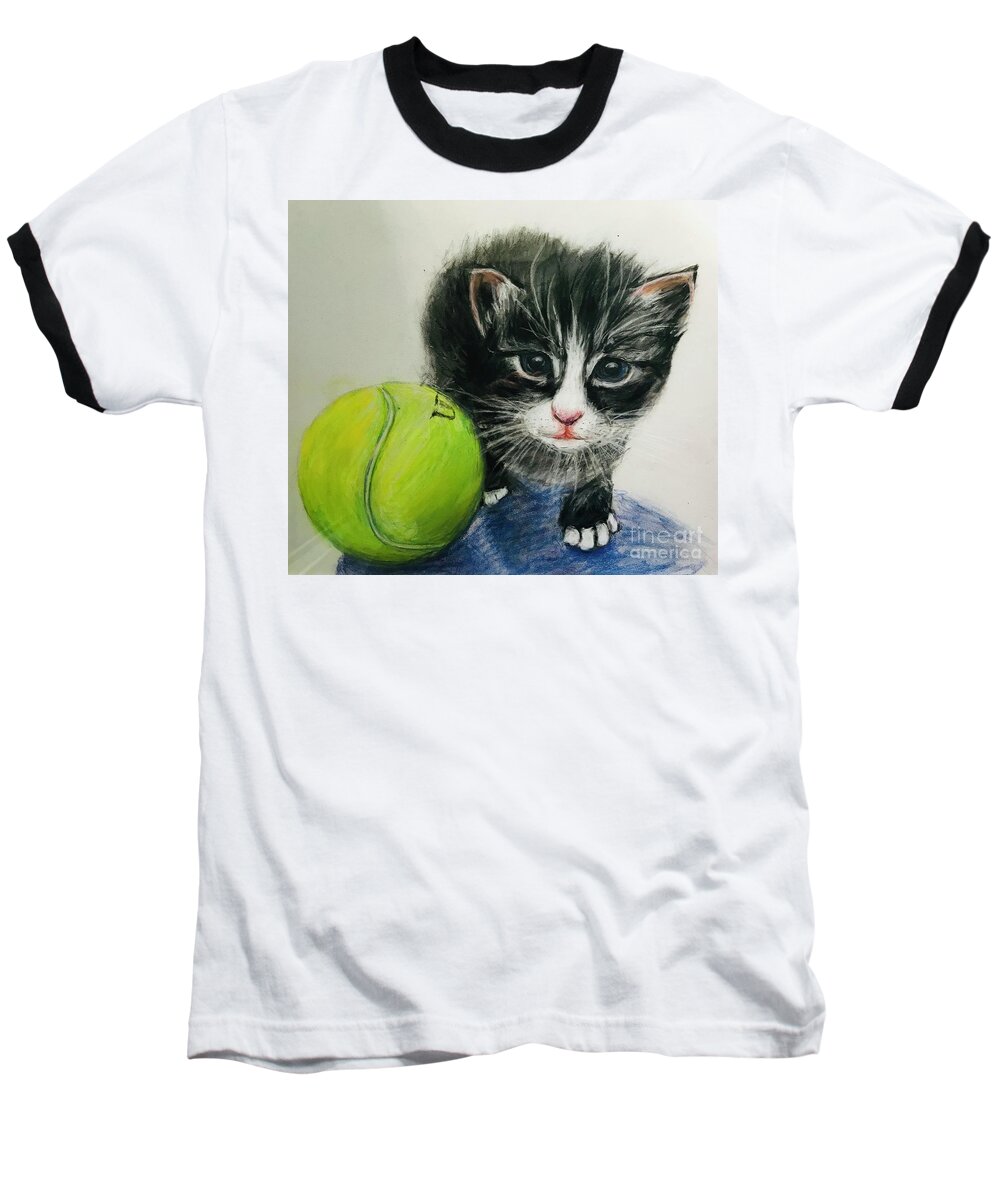 Pastel Portrait Of A Kitten With A Tennis Ball Baseball T-Shirt featuring the drawing Kitten and Tennis Ball by Lavender Liu