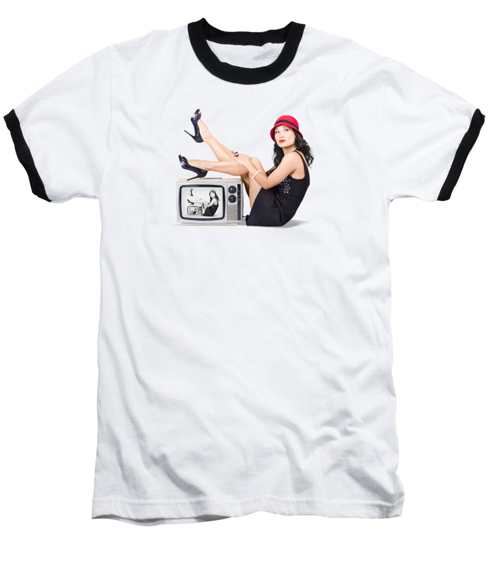 Girl Baseball T-Shirt featuring the photograph Lovely asian pinup girl posing on vintage tv set by Jorgo Photography
