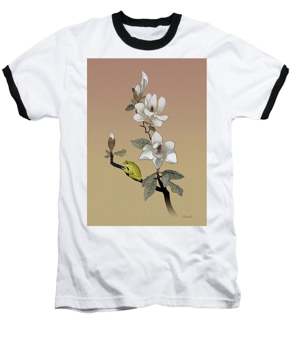Magnolia Baseball T-Shirt featuring the digital art Magnolia and Tree Frog by M Spadecaller