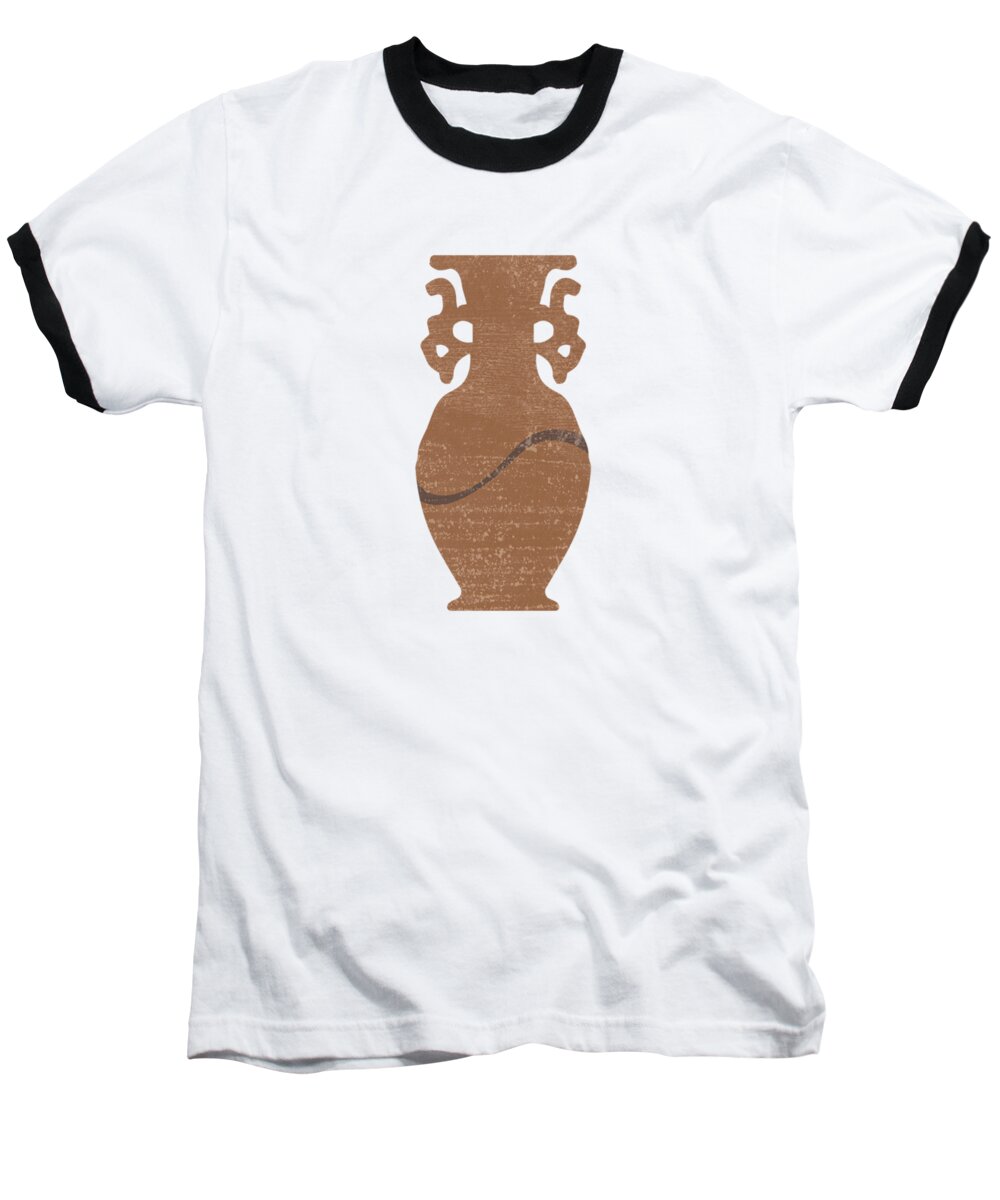 Abstract Baseball T-Shirt featuring the mixed media Minimal Abstract Greek Vase 8 - Krater - Terracotta Series - Modern, Contemporary Print - Sepia by Studio Grafiikka