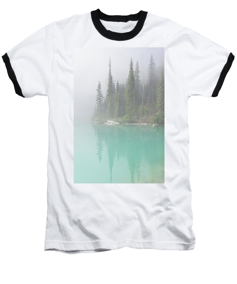British Baseball T-Shirt featuring the photograph Morning mist rising from turquoise lake by Steve Estvanik