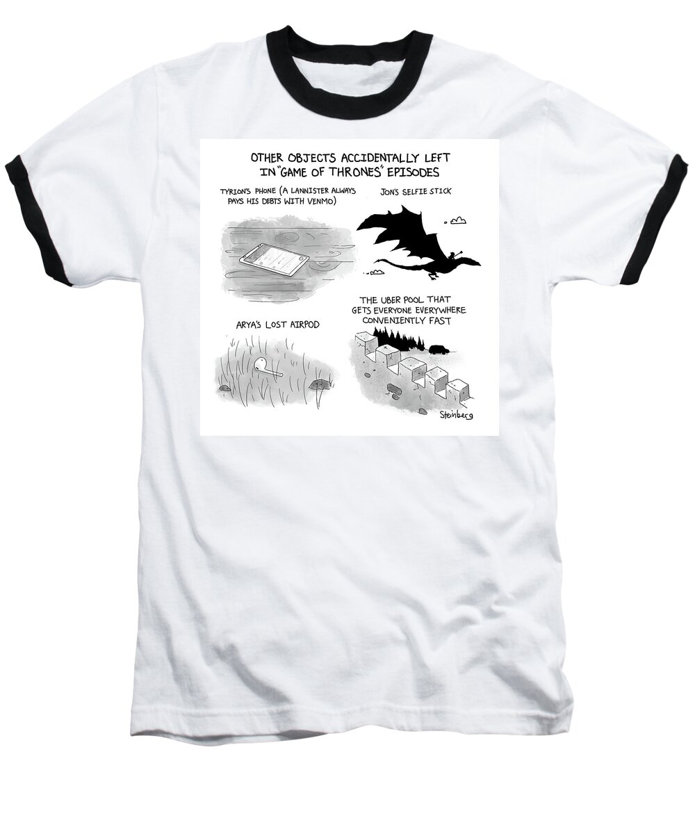 Captionless Baseball T-Shirt featuring the drawing Objects Left in Game of Thrones Episodes by Avi Steinberg