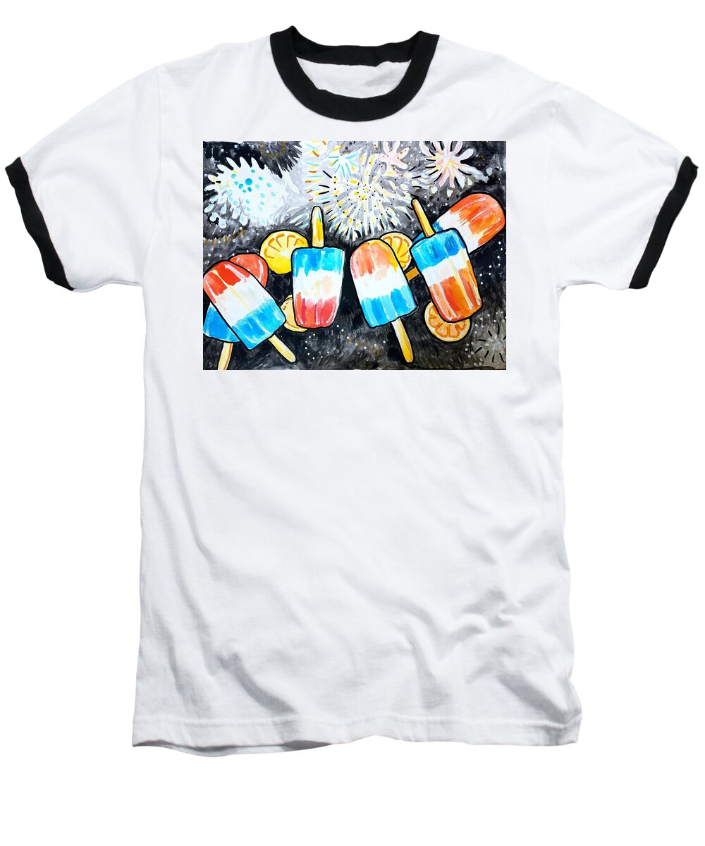Ice Cream Baseball T-Shirt featuring the painting Popsicles And Fireworks by Tilly Strauss