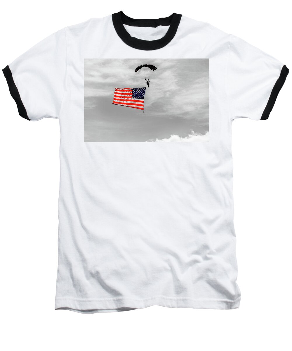 Socom Baseball T-Shirt featuring the photograph SOCOM Flag Jump in selective color by Doug Camara