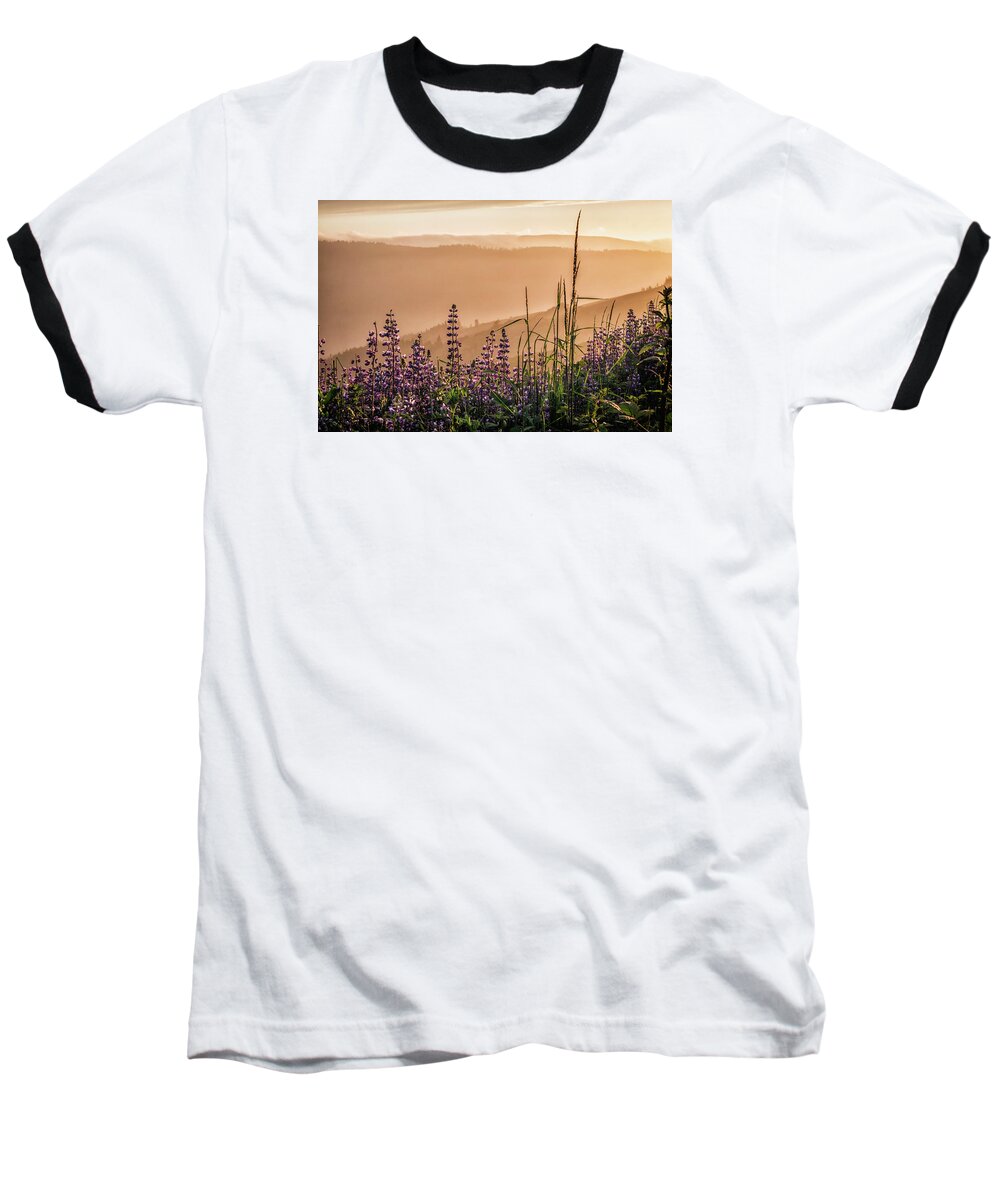 California Baseball T-Shirt featuring the photograph Sunset Among the Lupine by Laura Roberts