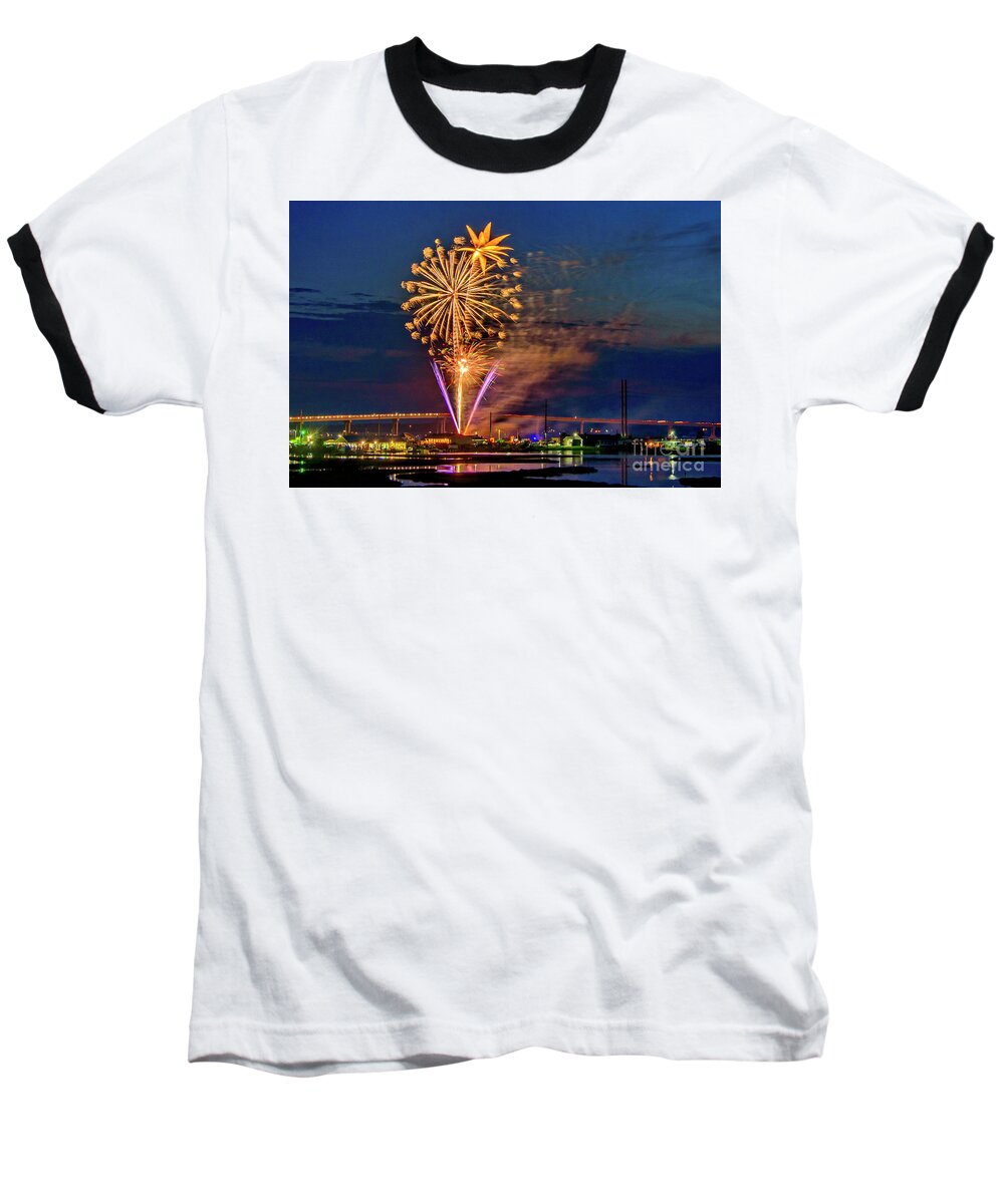 Surf City Baseball T-Shirt featuring the photograph Surf City Fireworks 2019-4 by DJA Images