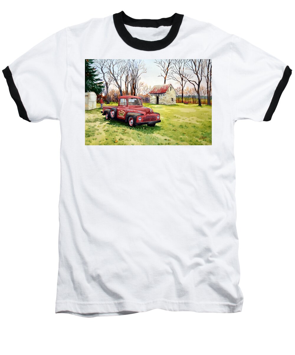 #watercolor #landscape #harvester #oldtruck #farm #winery #americana #rural Baseball T-Shirt featuring the painting The Old Harvester by Mick Williams