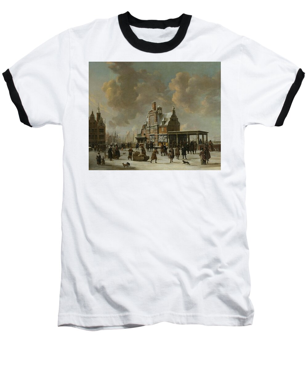 17th Century Art Baseball T-Shirt featuring the painting The Paalhuis and the Nieuwe Brug in Amsterdam during Wintertime by Jan Abrahamsz Beerstraaten