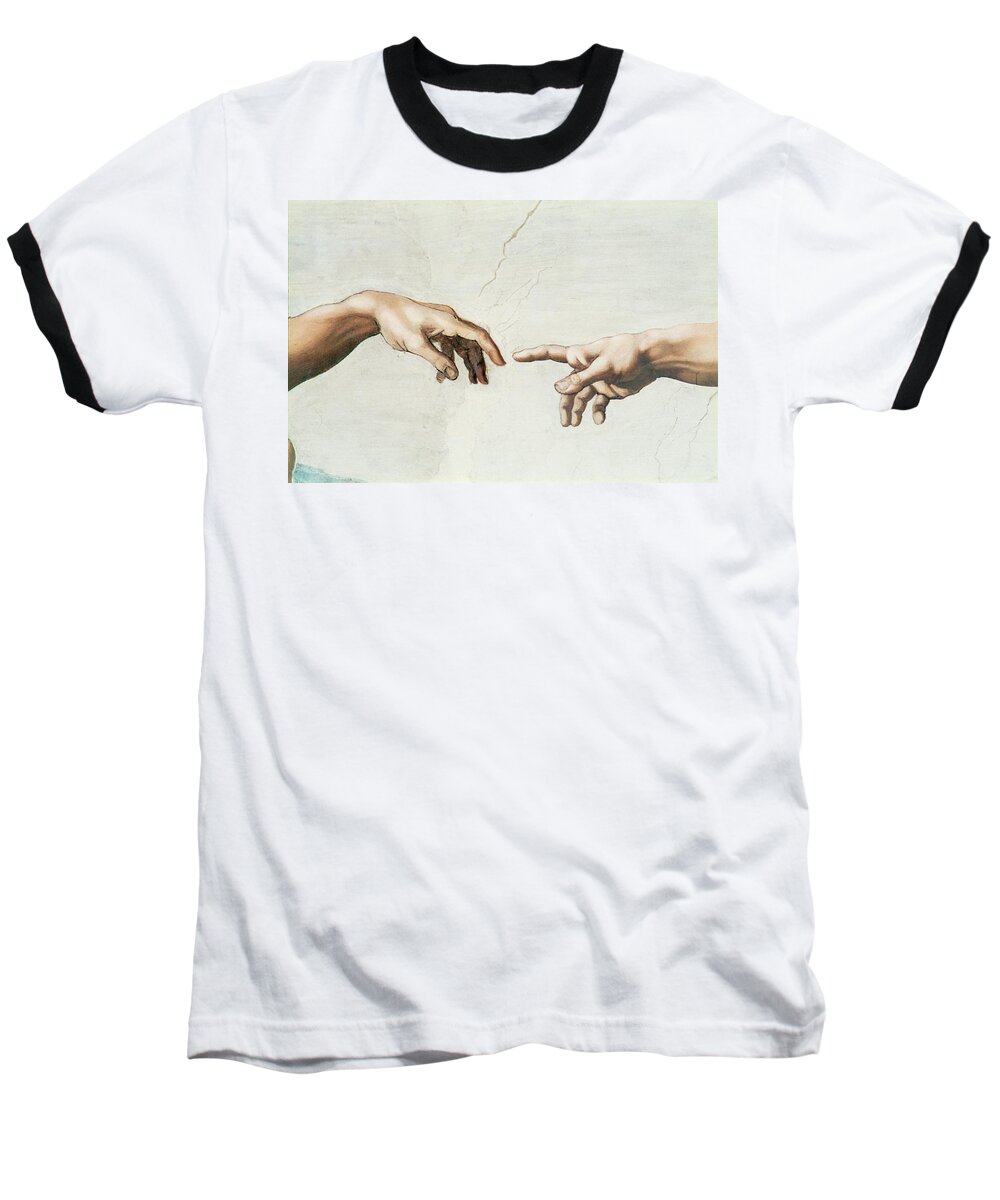 Adam Baseball T-Shirt featuring the painting The Sistine Chapel, ceiling frescos after restoration. The creation of Adam. by Michelangelo -1475-1564-