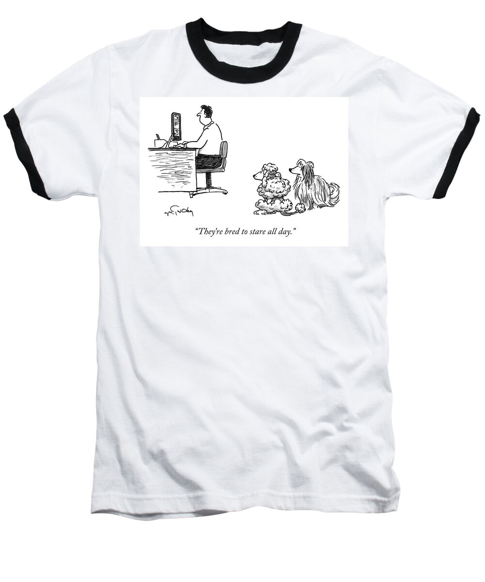 they're Bred To Stare All Day. Dog Baseball T-Shirt featuring the drawing They're Bred To Stare by Mike Twohy
