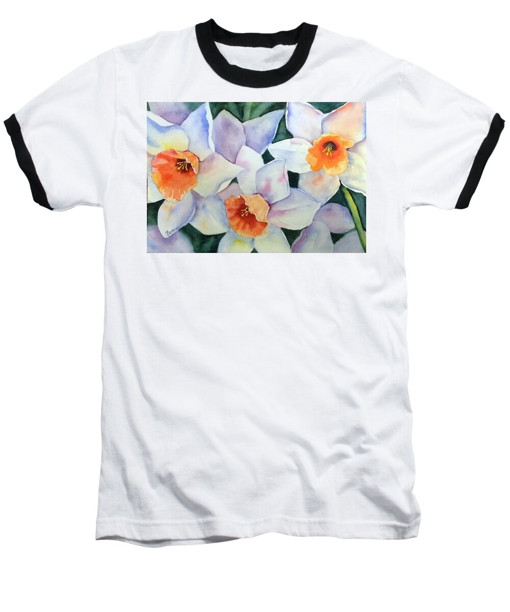 Daffodil Baseball T-Shirt featuring the painting Trio of White by Beth Fontenot
