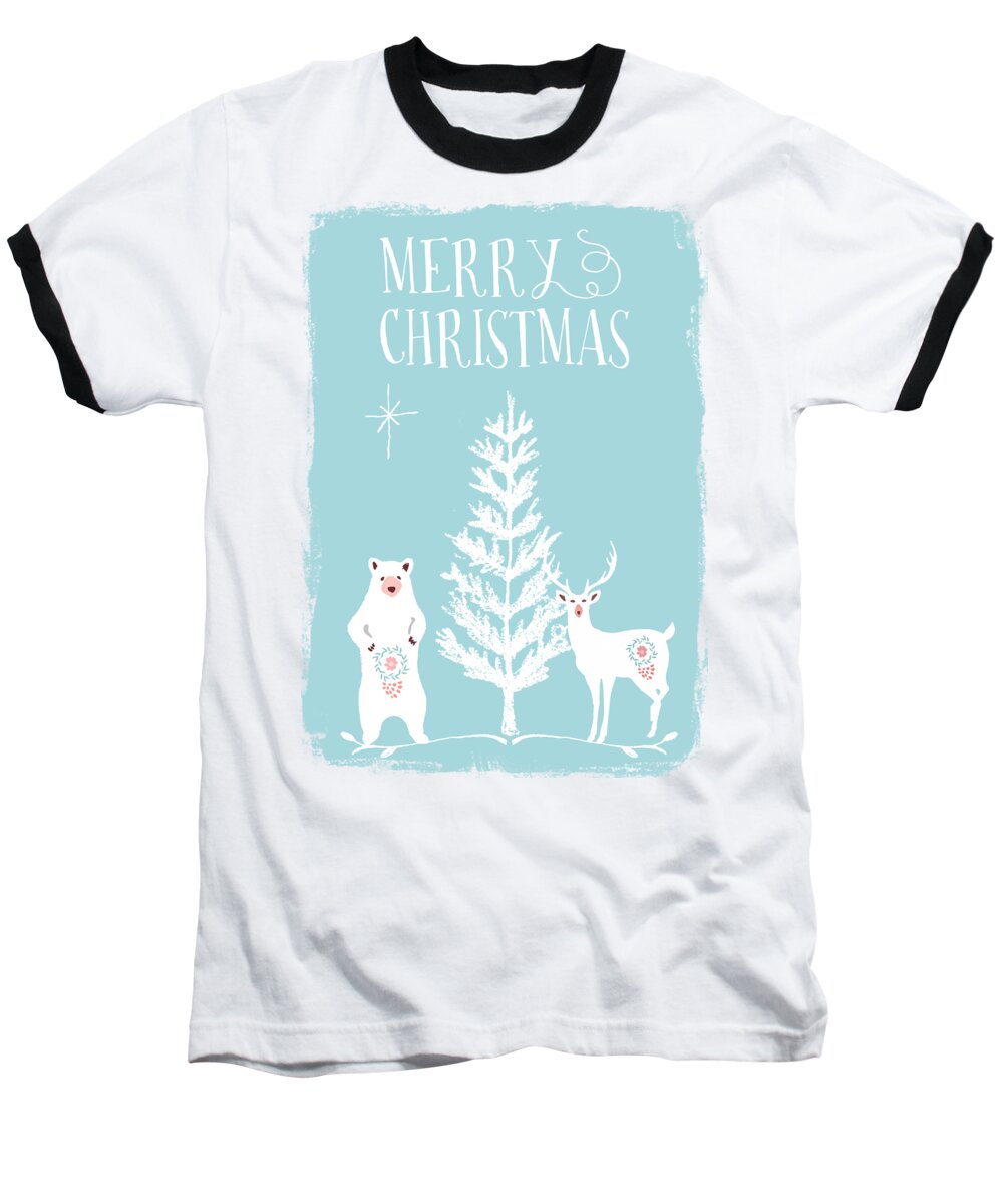 White Christmas Baseball T-Shirt featuring the mixed media White Christmas Bear And Stag by Amanda Jane