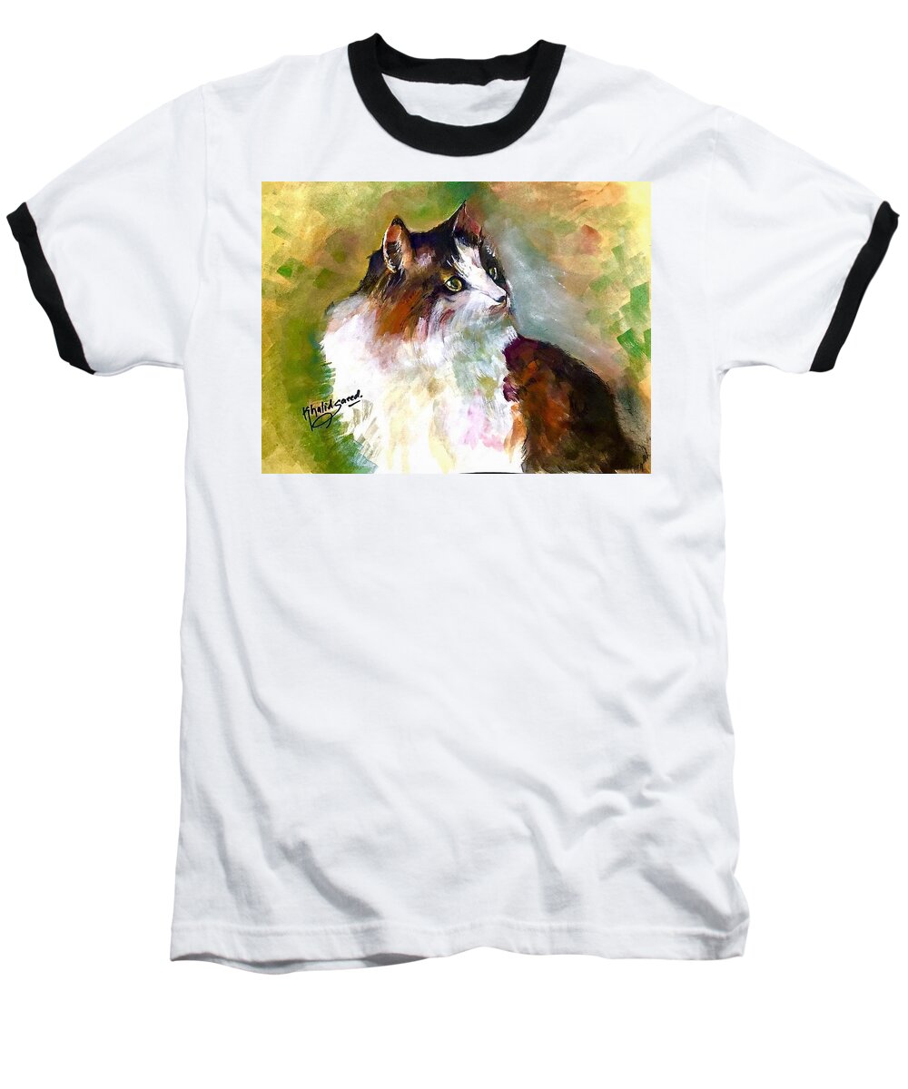 Cat Baseball T-Shirt featuring the painting Siberian forest cat by Khalid Saeed