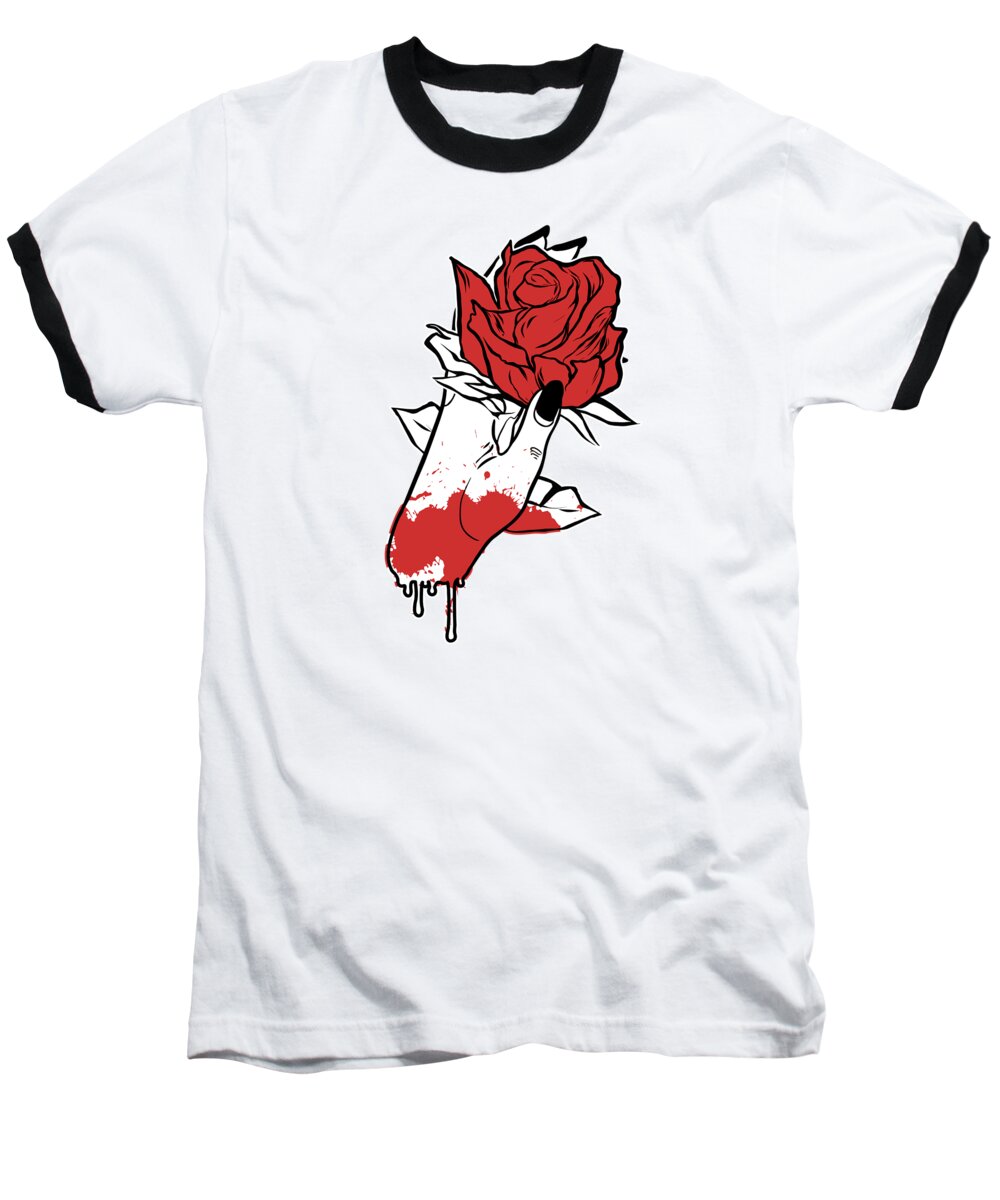 Bleed Baseball T-Shirt featuring the digital art Aesthetic Dark Pattern Hand Bleeding Holding Rose #2 by Toms Tee Store