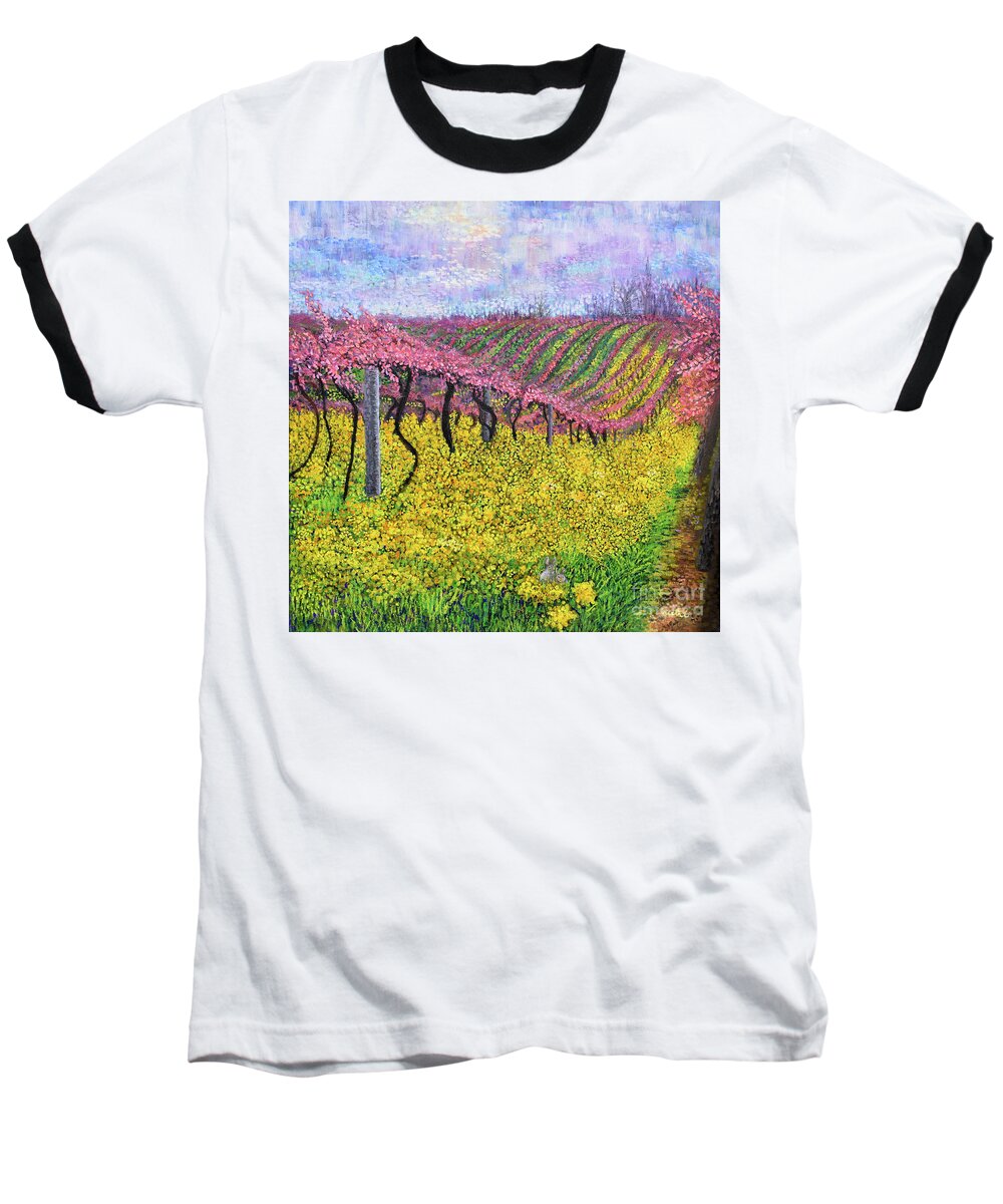 Lake Erie Vineyards Baseball T-Shirt featuring the painting Spring Vineyard #2 by Anne Cameron Cutri