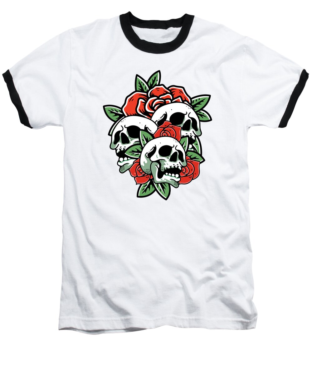 Gothic Roses Baseball T-Shirt featuring the digital art Skull Flower Death Grave Aesthetic Dark Pattern #4 by Toms Tee Store