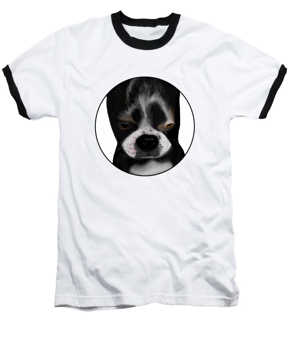 Boston Baseball T-Shirt featuring the digital art Boston Terrier Pup Looking Guilty but Cute by Barefoot Bodeez Art