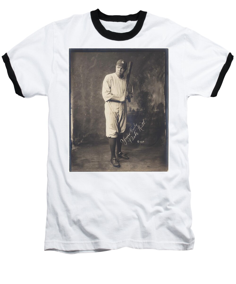 Babe Ruth Baseball T-Shirt featuring the painting Babe Ruth, full-length portrait, standing, facing slightly left, in baseball uniform, holding baseba by MotionAge Designs