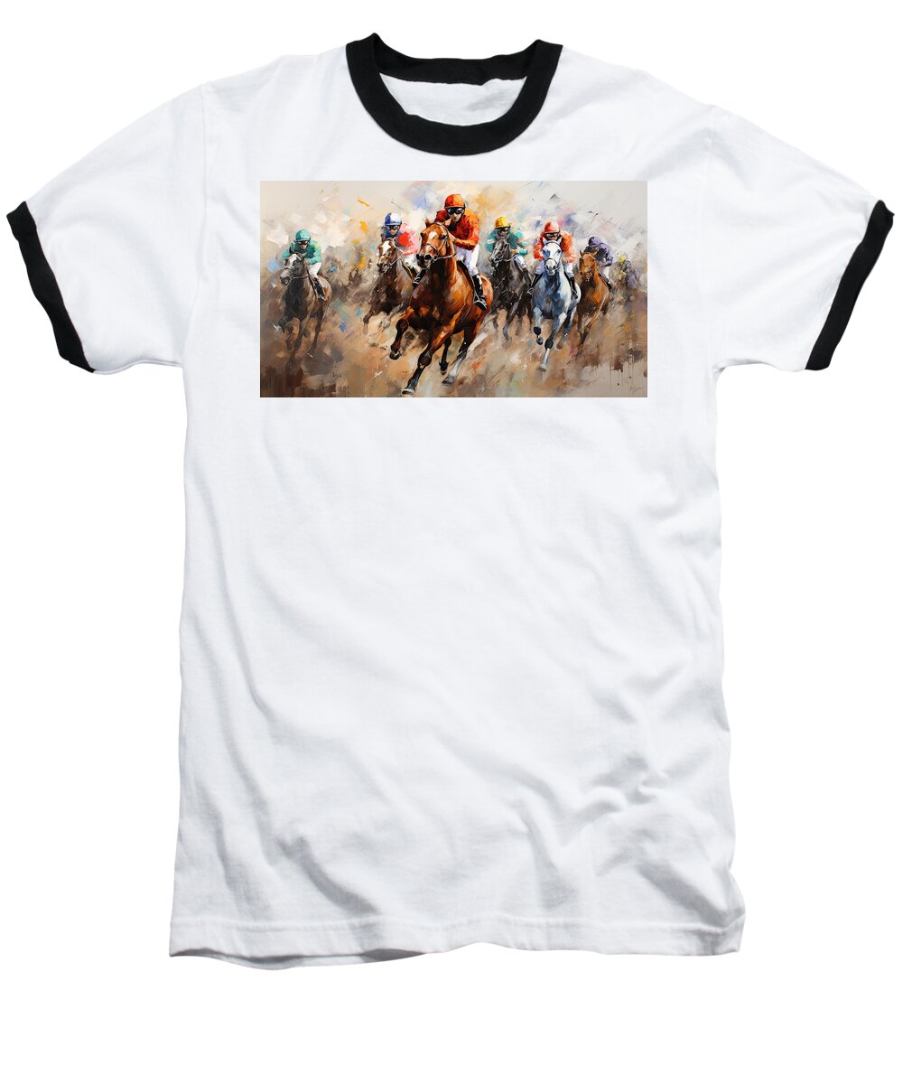 Horse Racing Baseball T-Shirt featuring the painting Beauty of Motion - Horse Racing Impressionist Art by Lourry Legarde