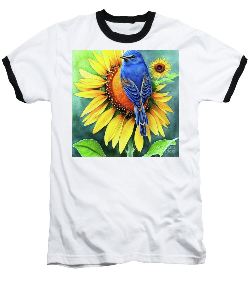 Bluebird Baseball T-Shirt featuring the painting Bluebird On The Sunflower by Tina LeCour