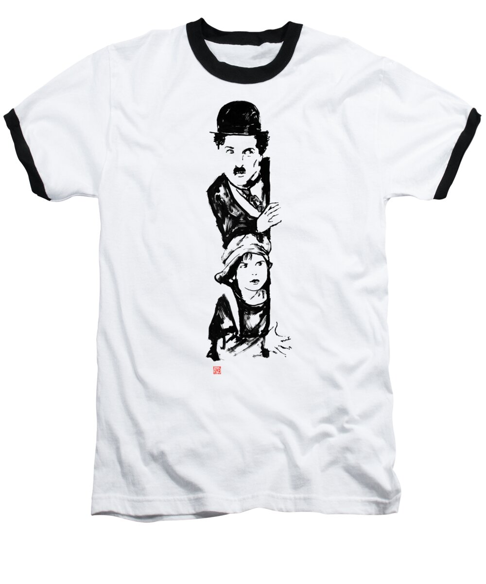 Charlie Chaplin Baseball T-Shirt featuring the drawing Charlie And The Kid by Pechane Sumie