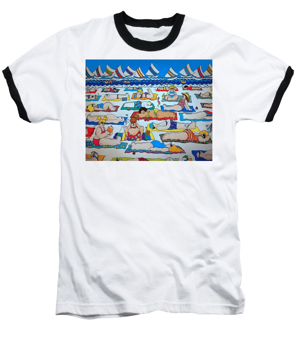 Colorful Beach Baseball T-Shirt featuring the painting Colorful Whimsical Beach Seashore Women Men by Rebecca Korpita