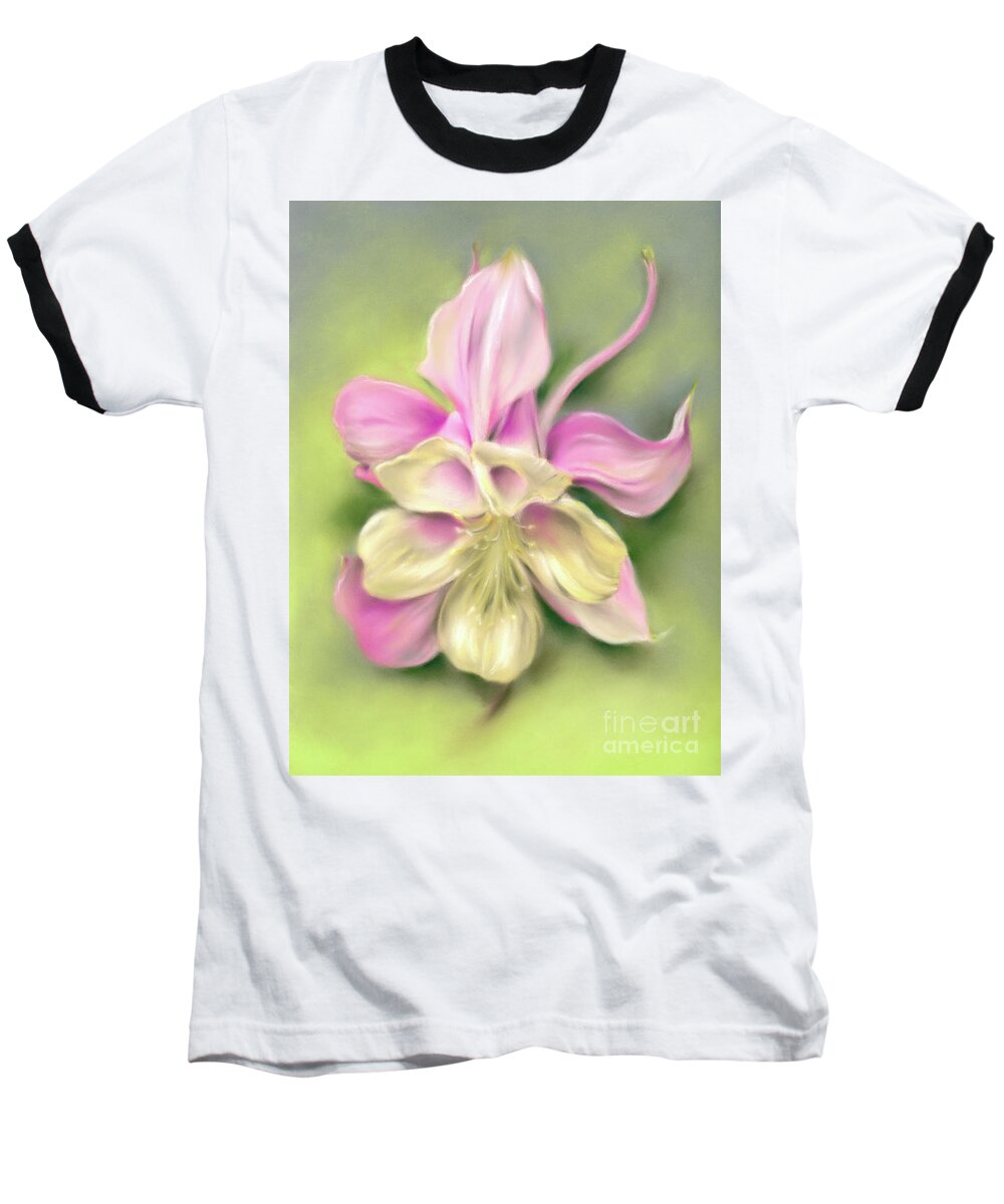 Botanical Baseball T-Shirt featuring the painting Columbine Blossom Pink and Cream on Green by MM Anderson