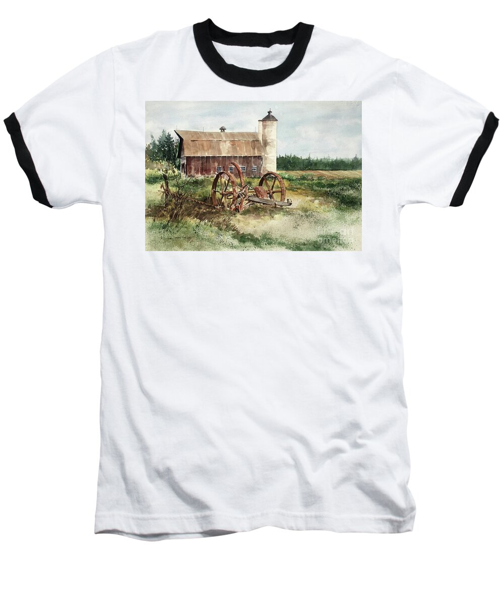 A Rusty Steel-wheeled Mower Sets At The Edge Of A Field In Front Of A Weathered Barn. Baseball T-Shirt featuring the painting Door County by Monte Toon
