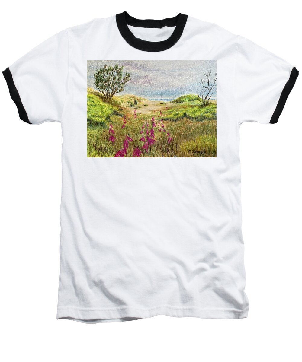 Sand Dunes Baseball T-Shirt featuring the painting Dunes and Purple Loosestrife by Christine Kfoury