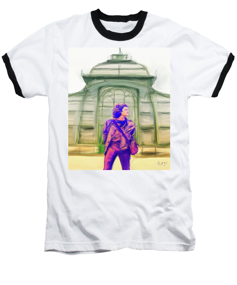 Figure Art Male Baseball T-Shirt featuring the painting European traveler teleported to a conservatory in purple and green architecture figure bag sunset by Mendyz