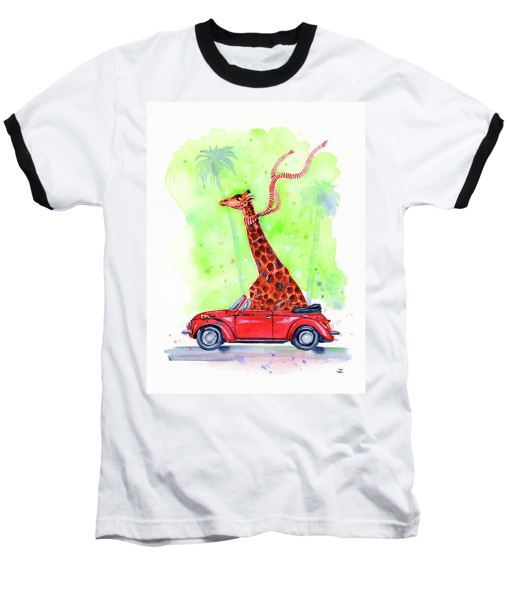 Funny Giraffe Baseball T-Shirt featuring the painting Giraffe in a Beetle by Zaira Dzhaubaeva