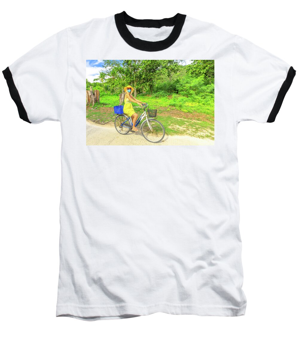 Covid 19 Baseball T-Shirt featuring the photograph La Digue biking in Covid 19 time by Benny Marty